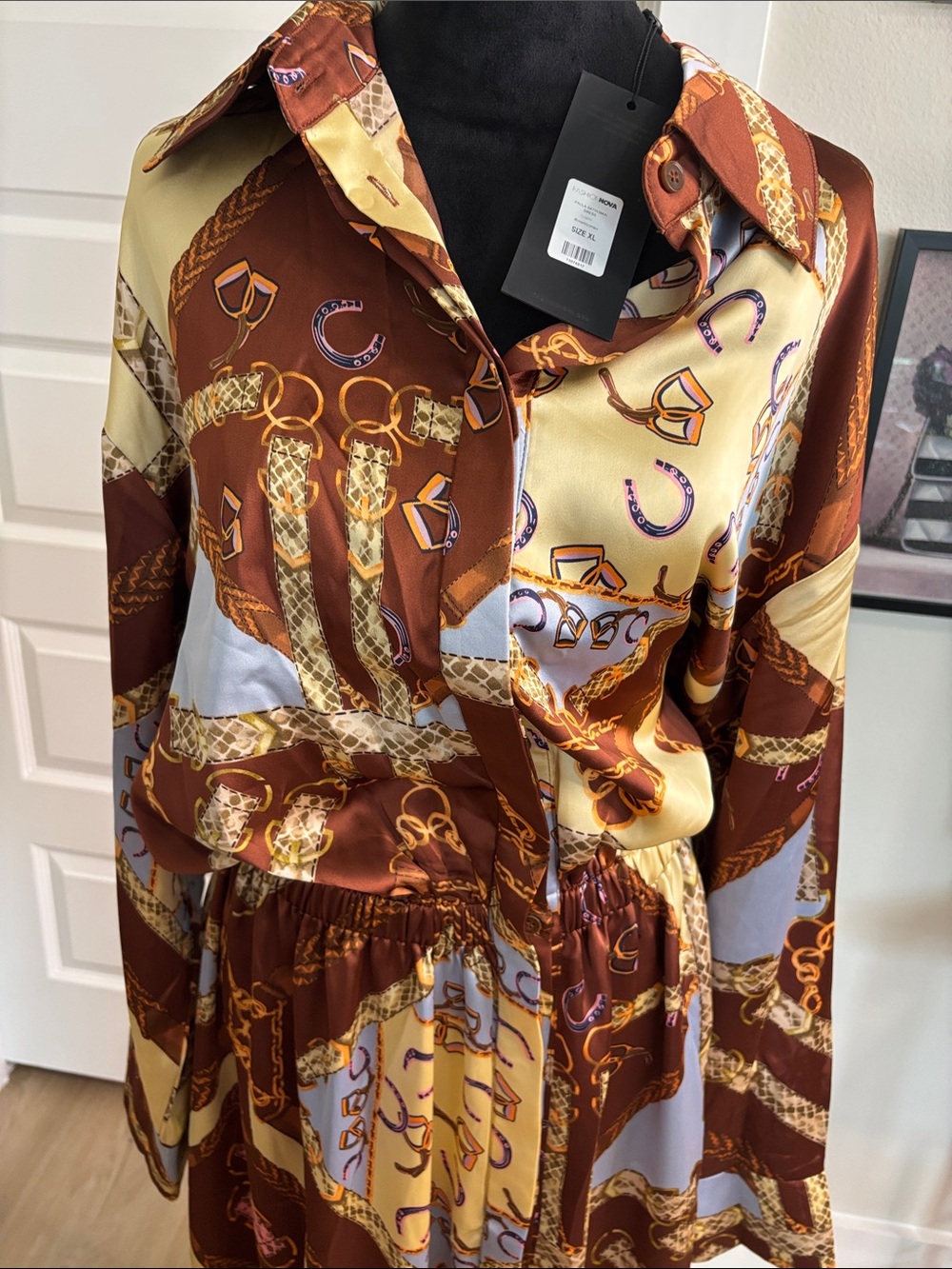 Fashion Nova Chain-Print Satin Maxi Dress in Brown & Cream - Picture 3 of 4